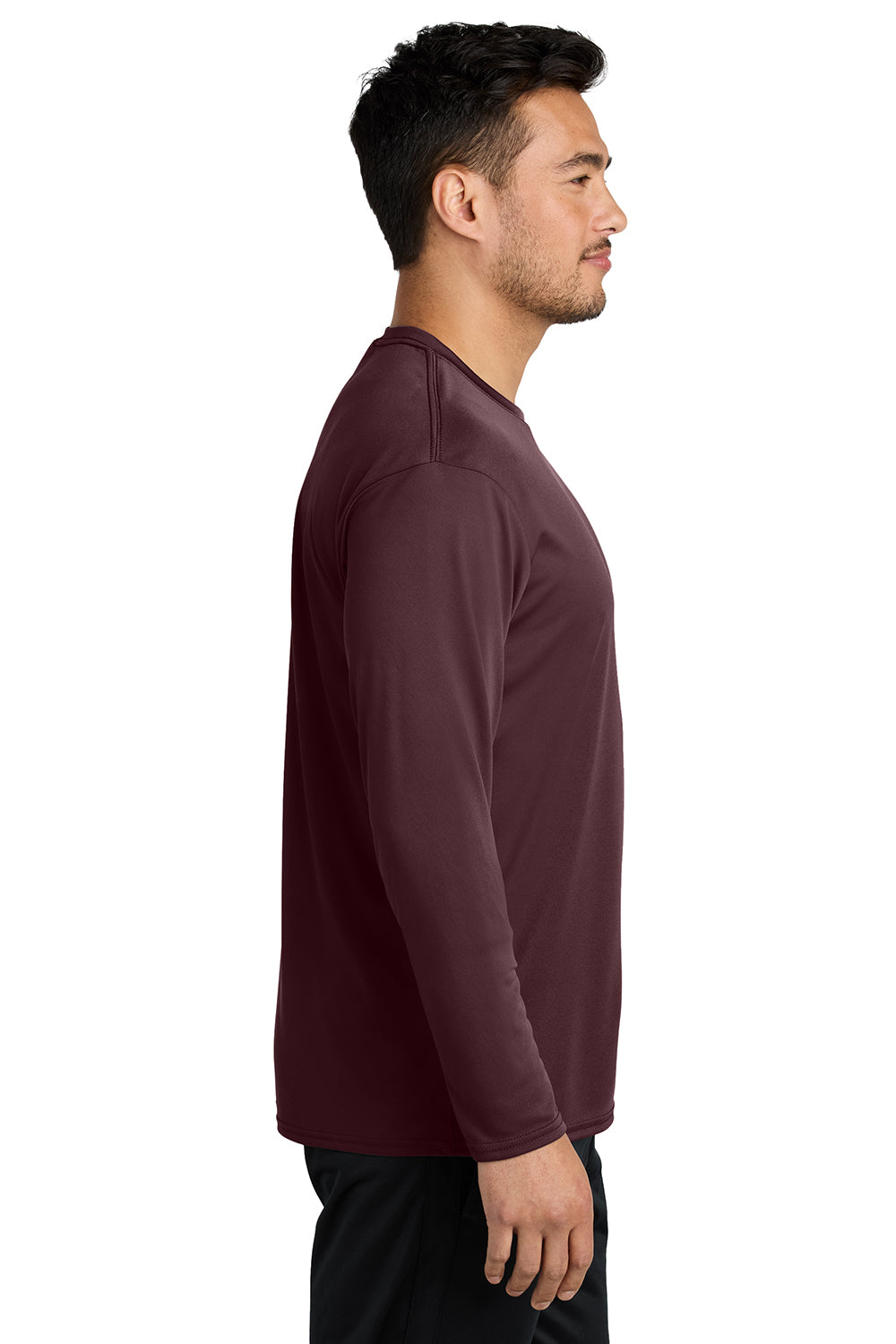 Port & Company PC380LS Mens Dry Zone Performance Moisture Wicking Long Sleeve Crewneck T-Shirt Athletic Maroon Model Side