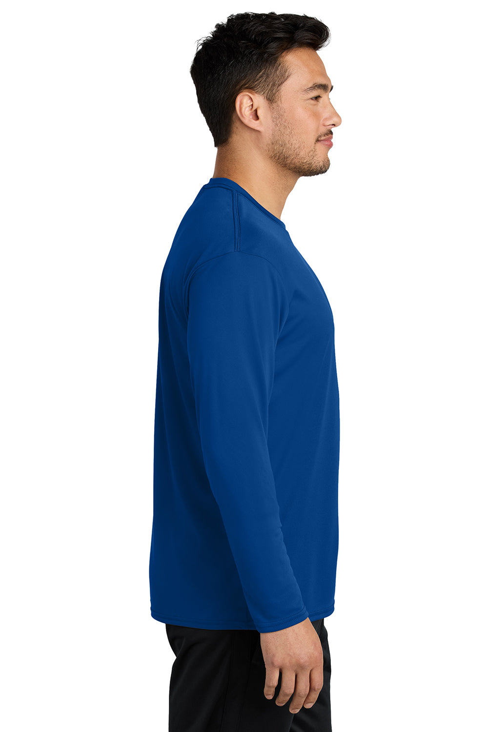 Port & Company PC380LS Mens Dry Zone Performance Moisture Wicking Long Sleeve Crewneck T-Shirt True Royal Blue Model Side