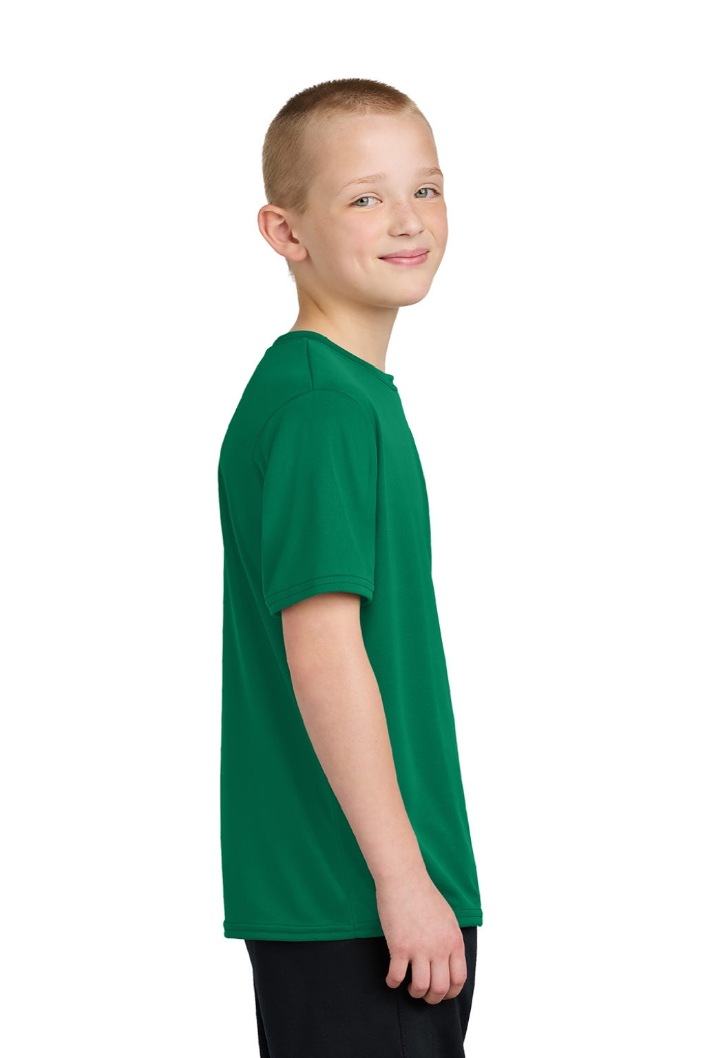 Port & Company PC380Y Youth Dry Zone Performance Moisture Wicking Short Sleeve Crewneck T-Shirt Kelly Green Model Side