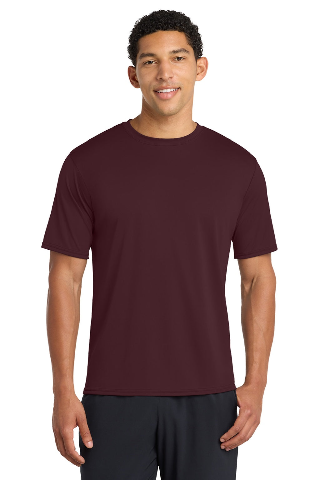 Port & Company PC380 Mens Dry Zone Performance Moisture Wicking Short Sleeve Crewneck T-Shirt Athletic Maroon Model Front