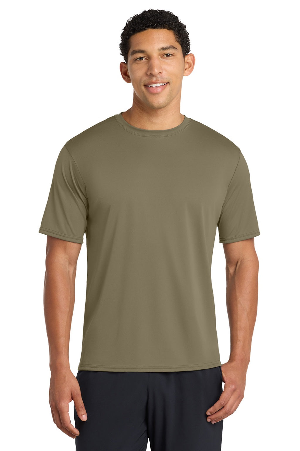 Port & Company PC380 Mens Dry Zone Performance Moisture Wicking Short Sleeve Crewneck T-Shirt Coyote Brown Model Front