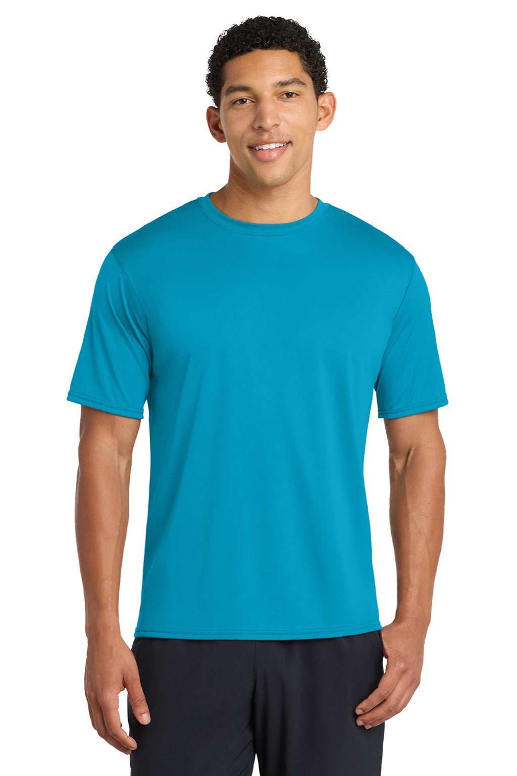 Port & Company PC380 Mens Dry Zone Performance Moisture Wicking Short Sleeve Crewneck T-Shirt Neon Blue Model Front