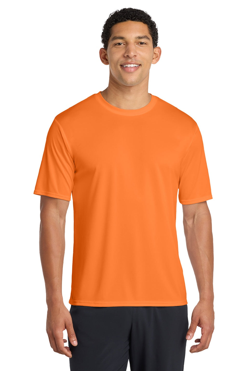Port & Company PC380 Mens Dry Zone Performance Moisture Wicking Short Sleeve Crewneck T-Shirt Neon Orange Model Front