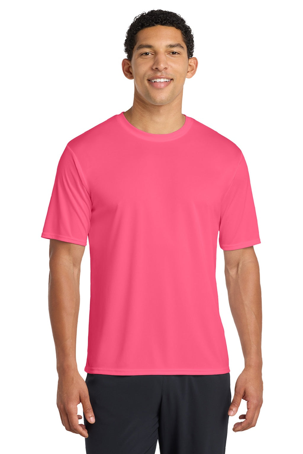 Port & Company PC380 Mens Dry Zone Performance Moisture Wicking Short Sleeve Crewneck T-Shirt Neon Pink Model Front