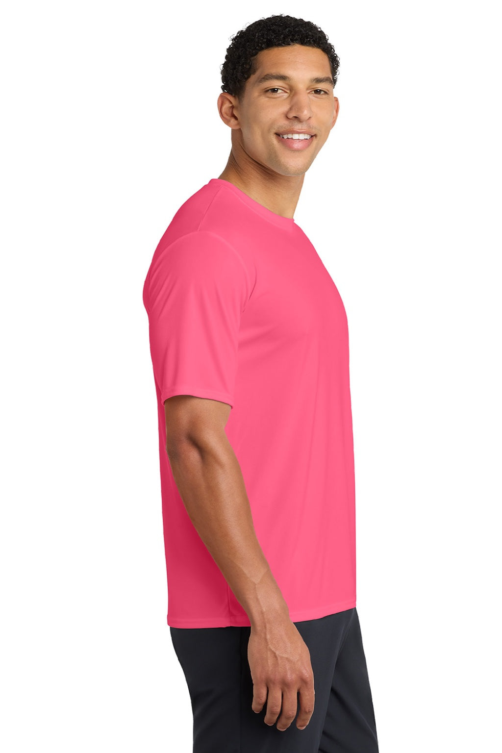Port & Company PC380 Mens Dry Zone Performance Moisture Wicking Short Sleeve Crewneck T-Shirt Neon Pink Model Side