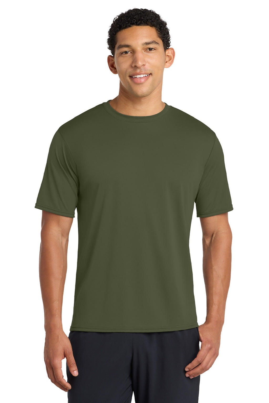 Port & Company PC380 Mens Dry Zone Performance Moisture Wicking Short Sleeve Crewneck T-Shirt Olive Drab Green Model Front