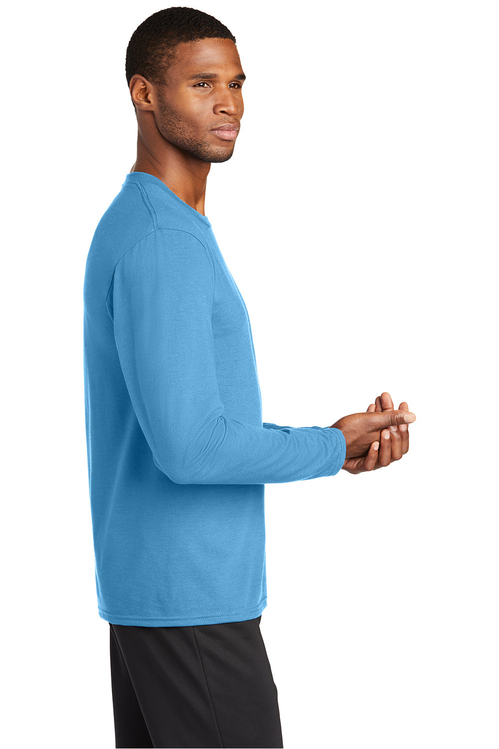 Port & Company PC381LS Mens Dry Zone Performance Moisture Wicking Long Sleeve Crewneck T-Shirt Aquatic Blue Model Side