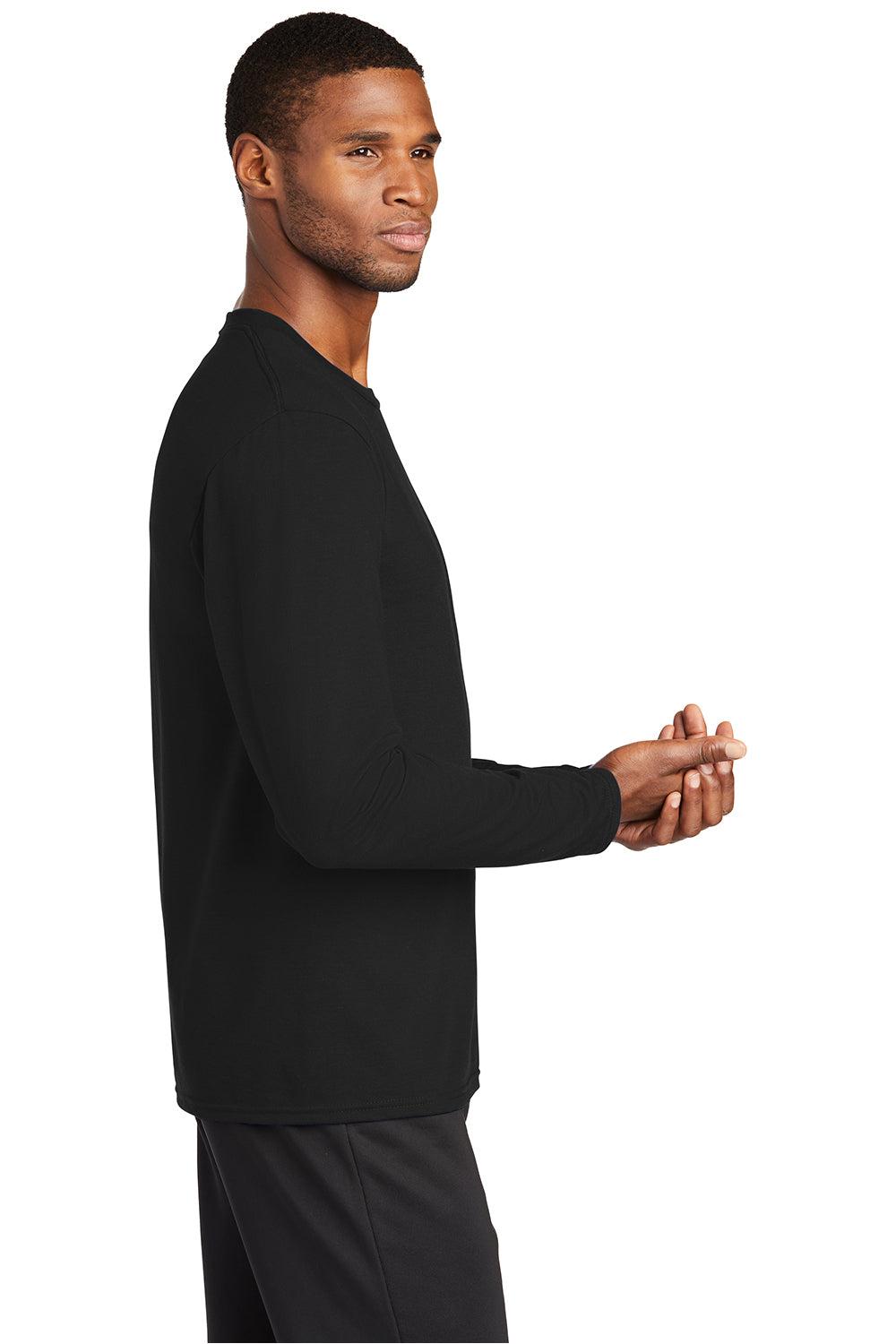 Port & Company PC381LS Mens Dry Zone Performance Moisture Wicking Long Sleeve Crewneck T-Shirt Jet Black Model Side