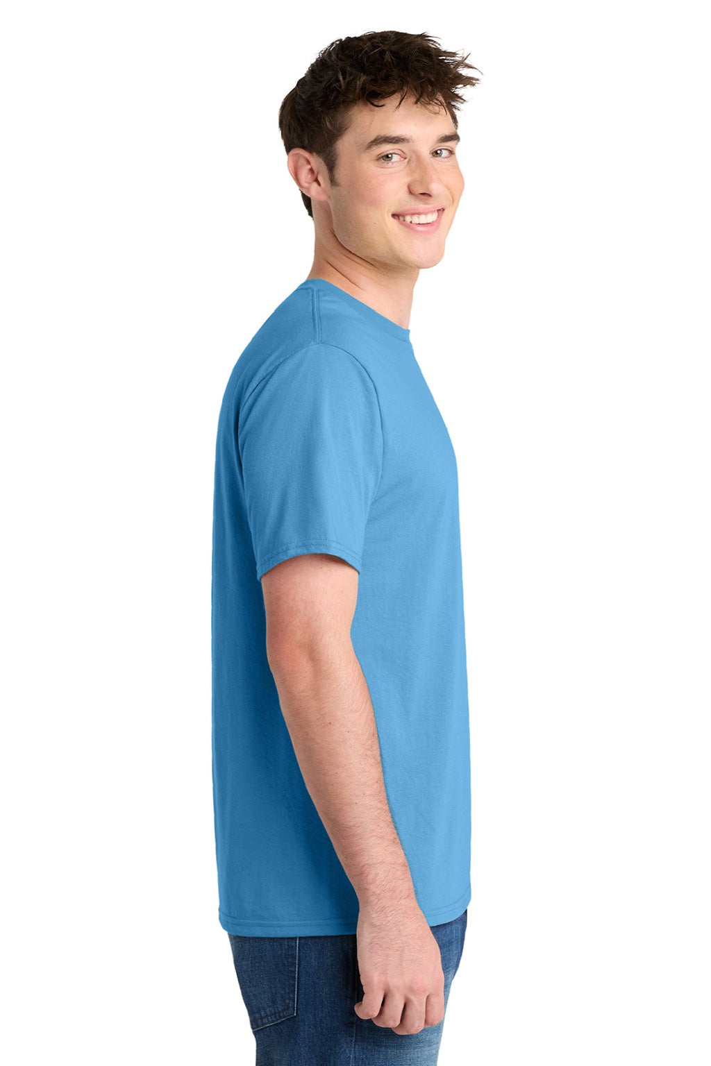 Port & Company PC381 Mens Dry Zone Performance Moisture Wicking Short Sleeve Crewneck T-Shirt Aquatic Blue Model Side