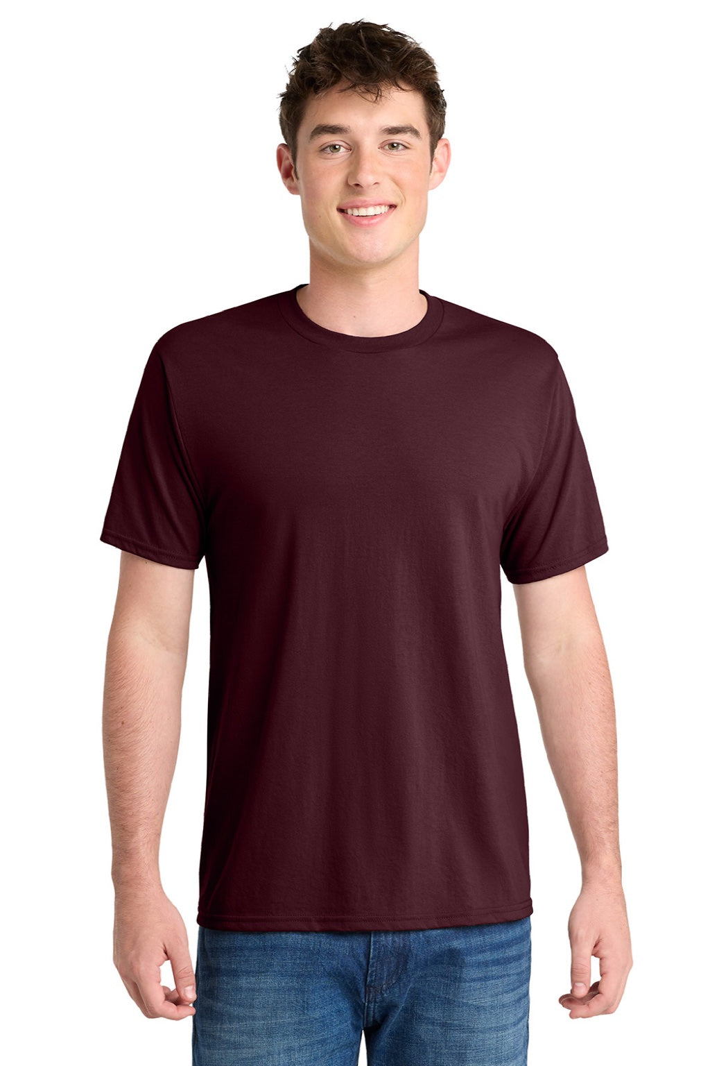 Port & Company PC381 Mens Dry Zone Performance Moisture Wicking Short Sleeve Crewneck T-Shirt Athletic Maroon Model Front