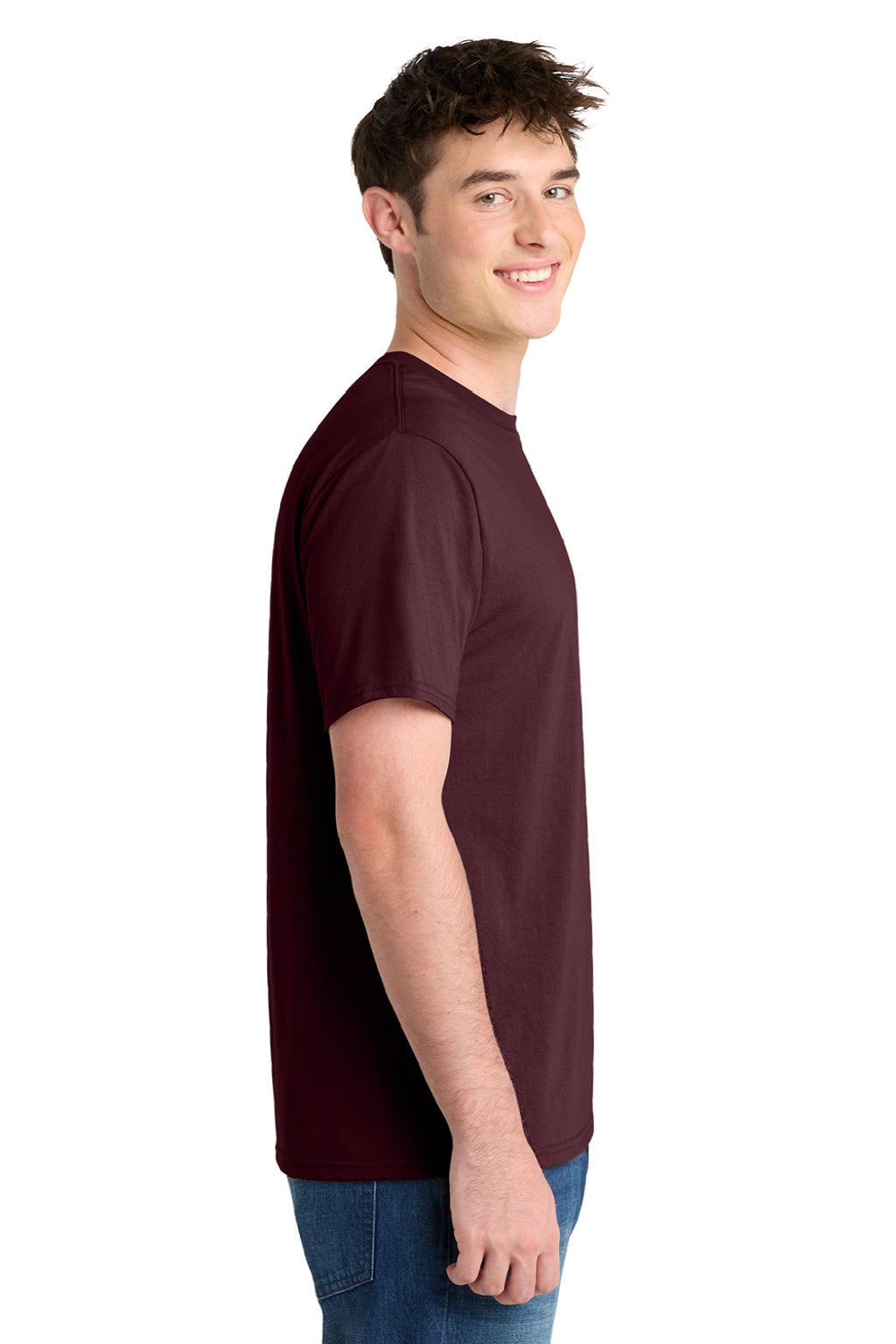 Port & Company PC381 Mens Dry Zone Performance Moisture Wicking Short Sleeve Crewneck T-Shirt Athletic Maroon Model Side