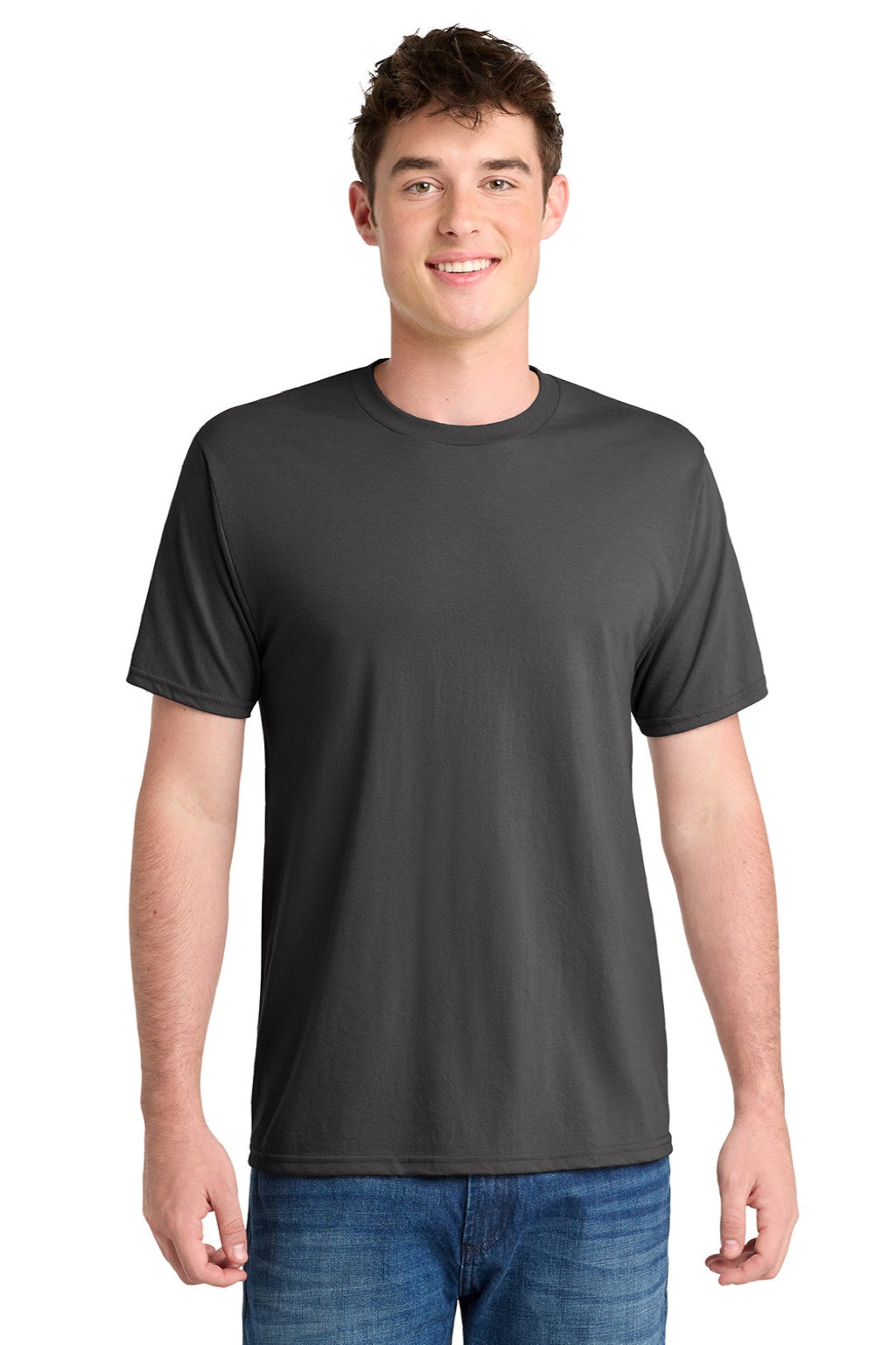 Port & Company PC381 Mens Dry Zone Performance Moisture Wicking Short Sleeve Crewneck T-Shirt Charcoal Grey Model Front
