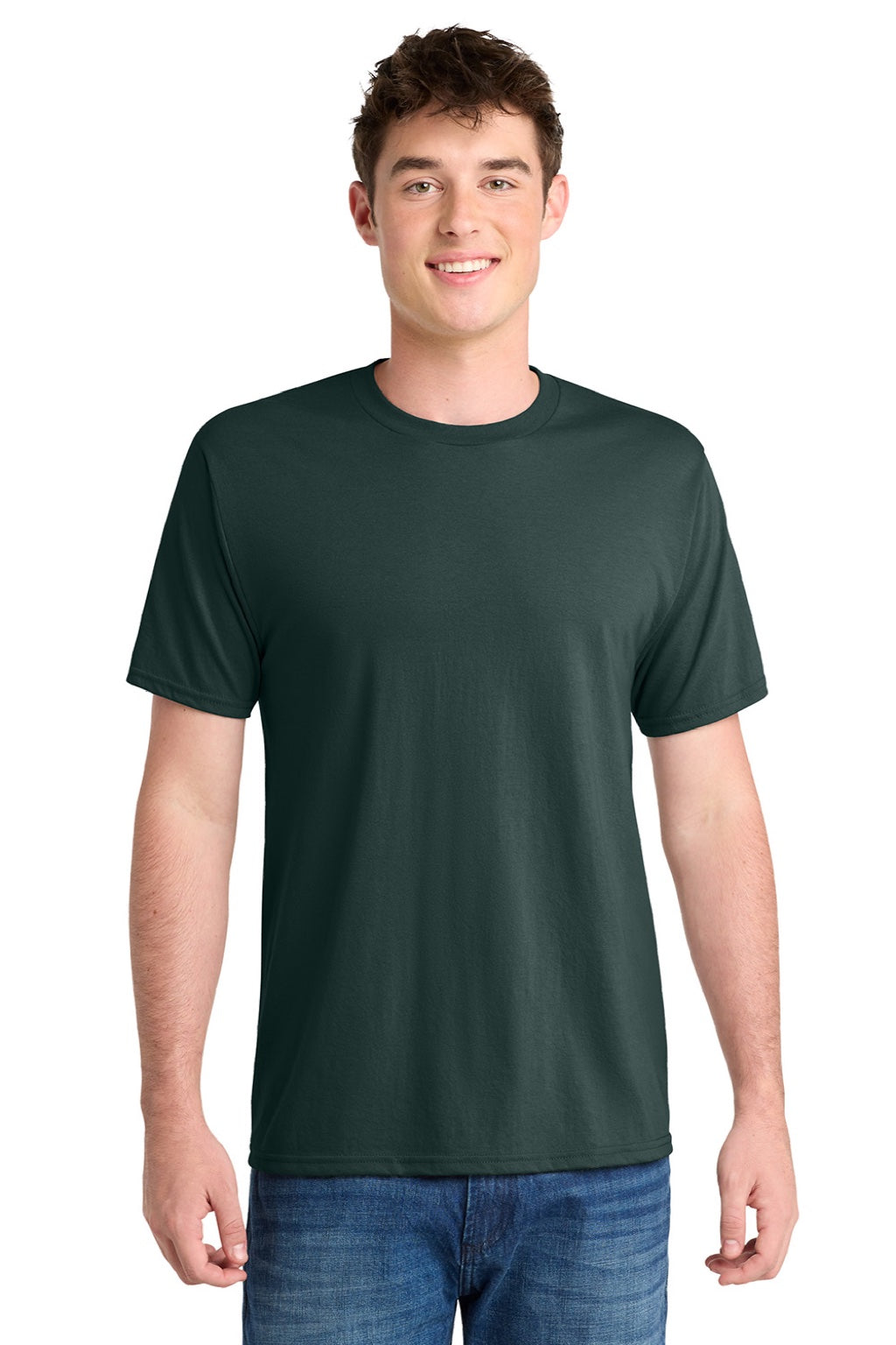 Port & Company PC381 Mens Dry Zone Performance Moisture Wicking Short Sleeve Crewneck T-Shirt Dark Green Model Front