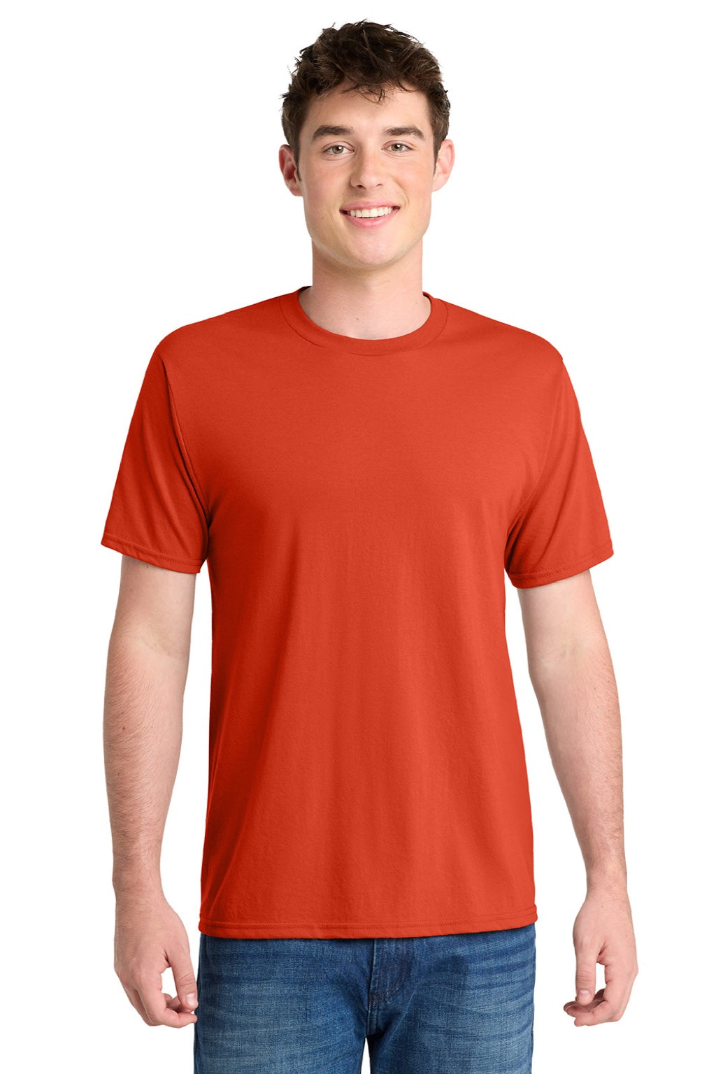 Port & Company PC381 Mens Dry Zone Performance Moisture Wicking Short Sleeve Crewneck T-Shirt Orange Model Front