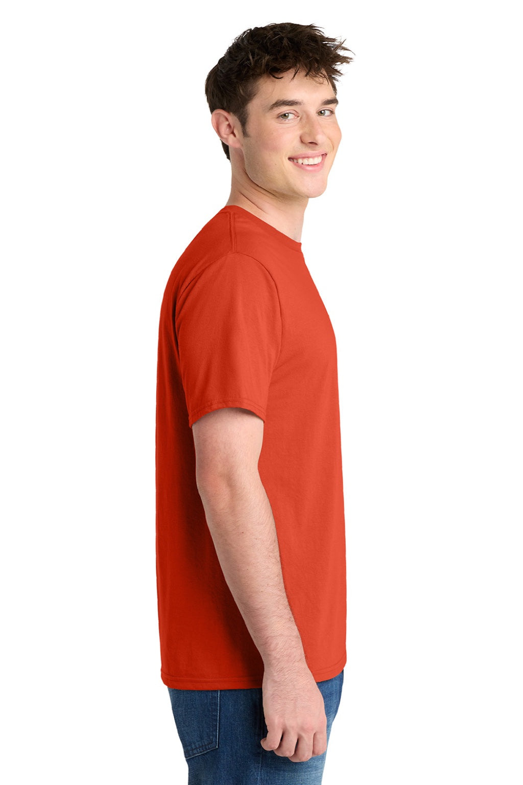 Port & Company PC381 Mens Dry Zone Performance Moisture Wicking Short Sleeve Crewneck T-Shirt Orange Model Side