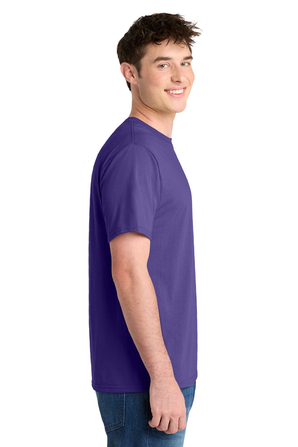 Port & Company PC381 Mens Dry Zone Performance Moisture Wicking Short Sleeve Crewneck T-Shirt Purple Model Side