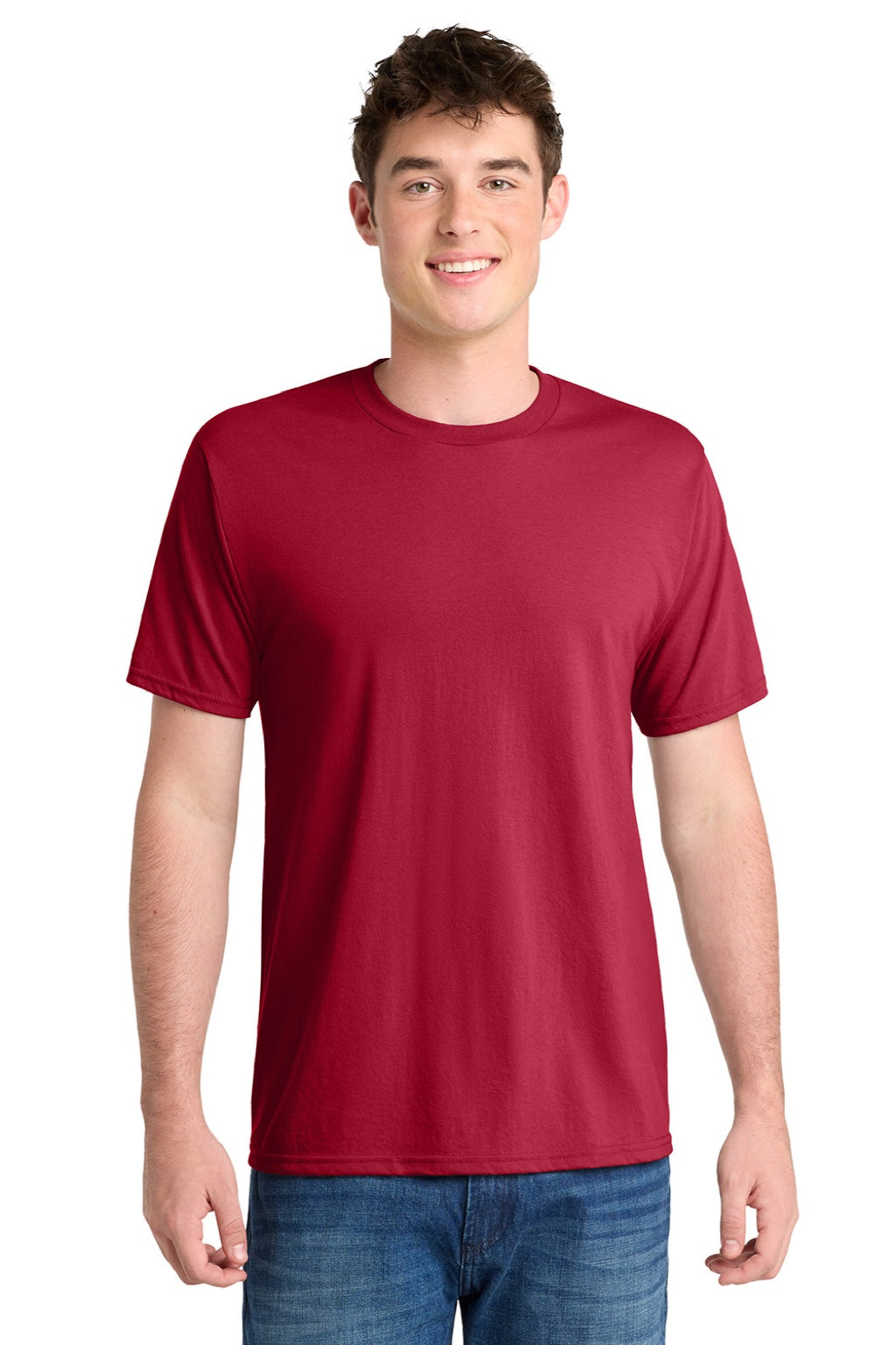 Port & Company PC381 Mens Dry Zone Performance Moisture Wicking Short Sleeve Crewneck T-Shirt Red Model Front