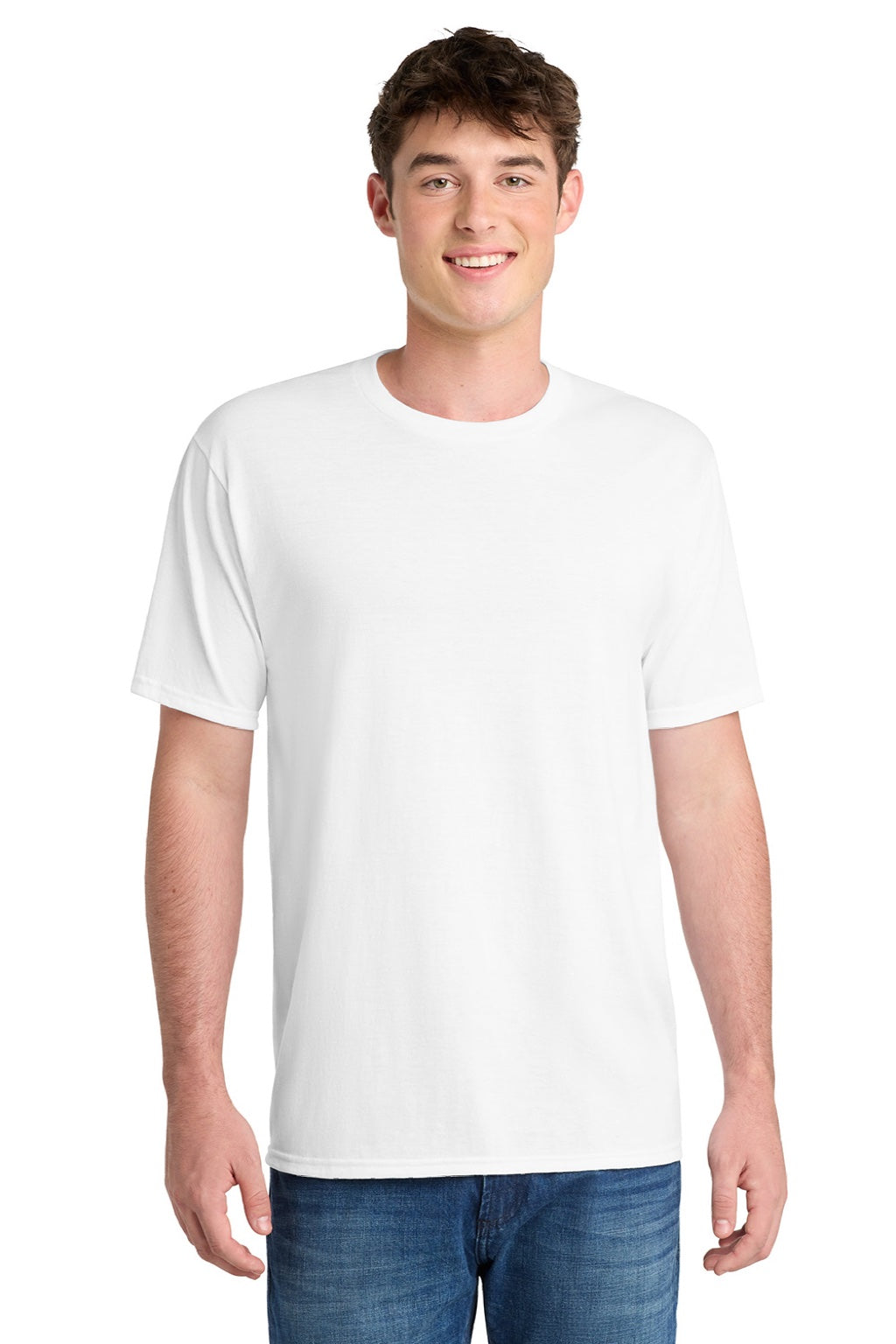Port & Company PC381 Mens Dry Zone Performance Moisture Wicking Short Sleeve Crewneck T-Shirt White Model Front