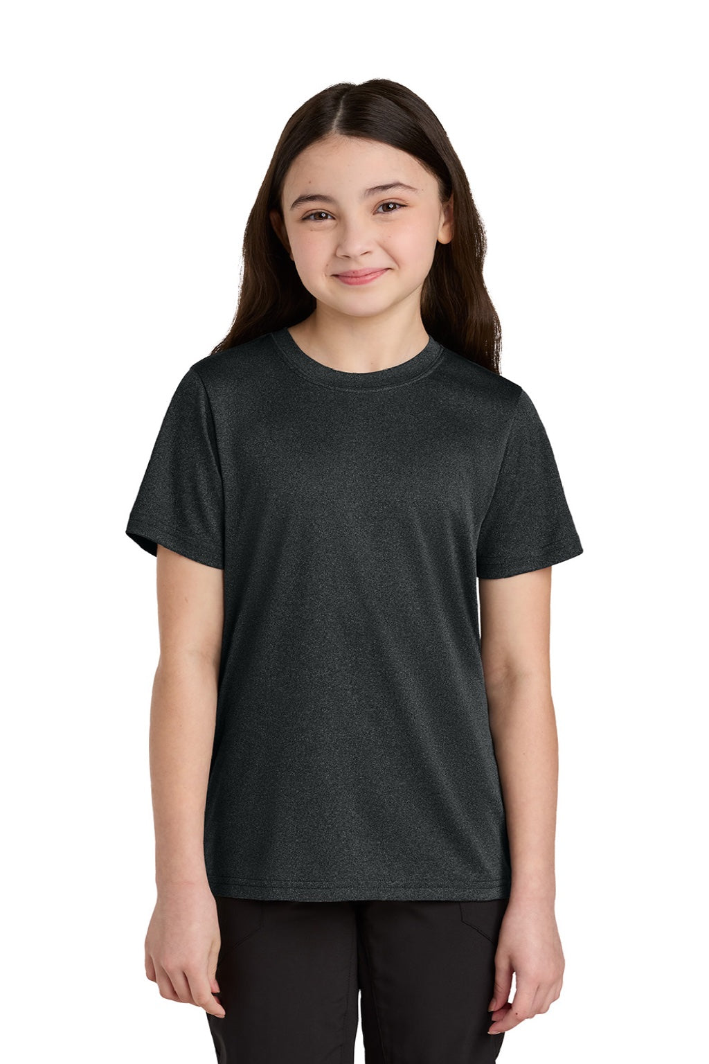 Port & Company PC390Y Youth Heather Performance Short Sleeve Crewneck T-Shirt Heather Black Model Front