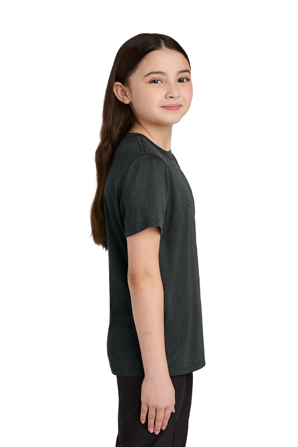 Port & Company PC390Y Youth Heather Performance Short Sleeve Crewneck T-Shirt Heather Black Model Side