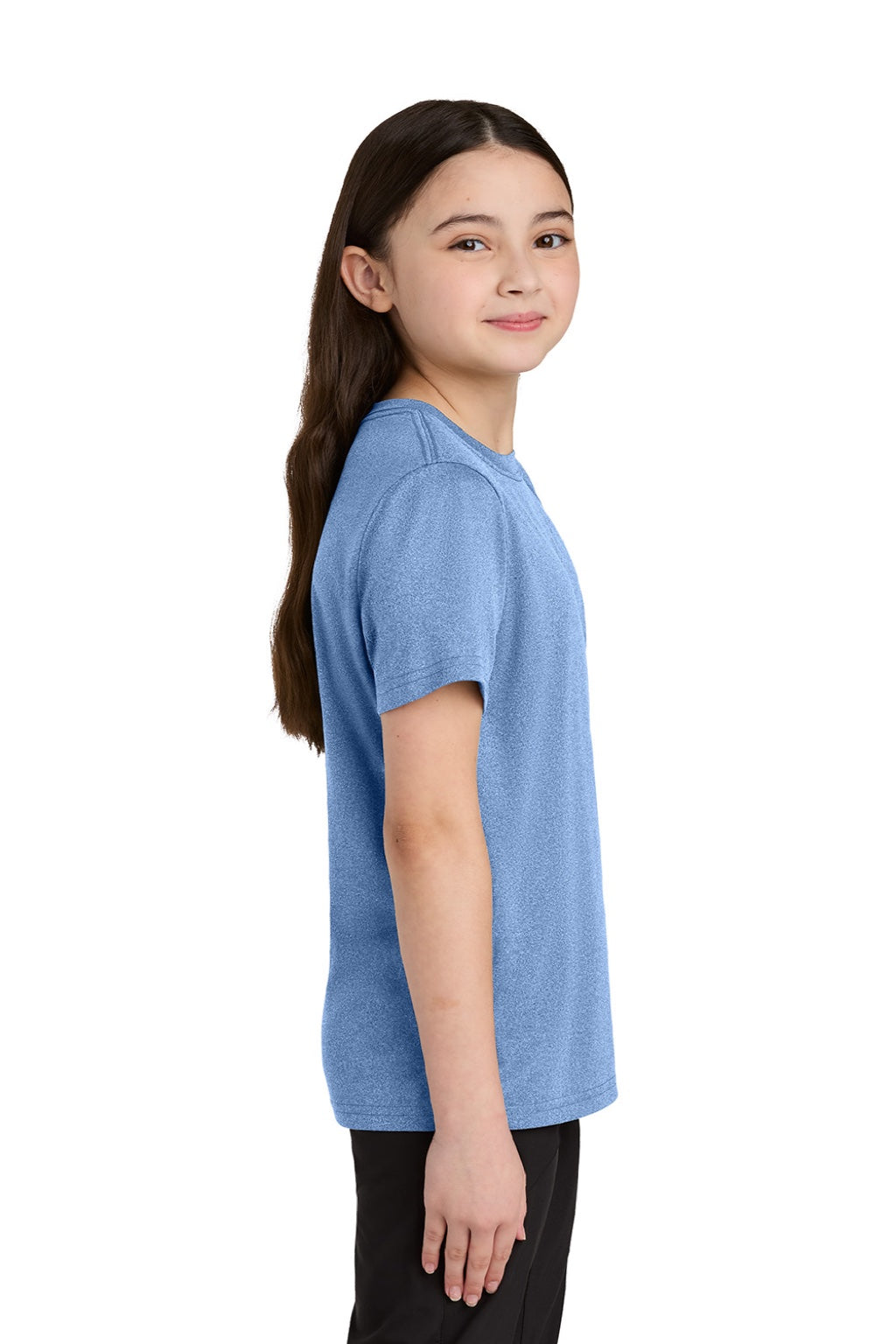 Port & Company PC390Y Youth Heather Performance Short Sleeve Crewneck T-Shirt Heather Carolina Blue Model Side