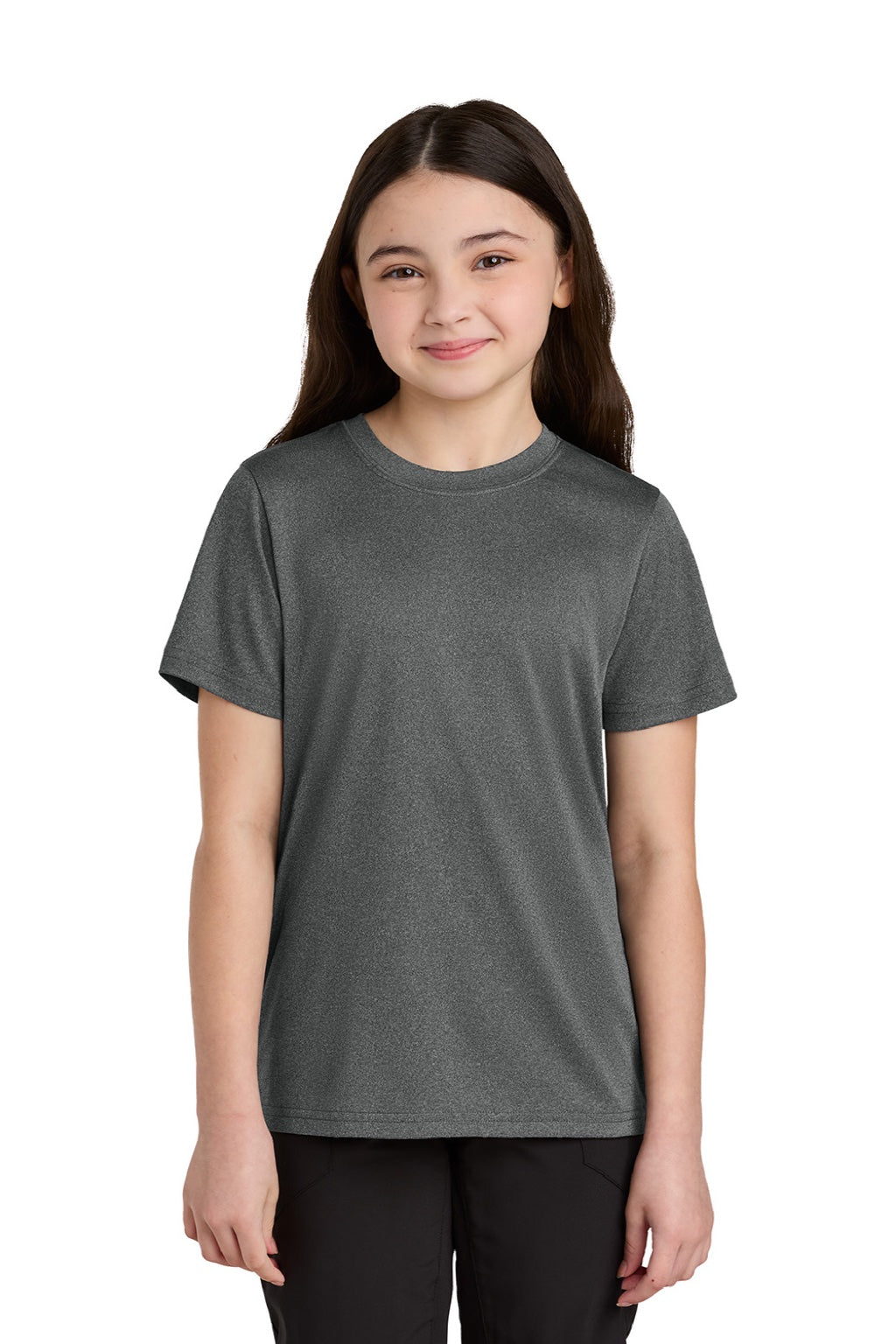Port & Company PC390Y Youth Heather Performance Short Sleeve Crewneck T-Shirt Heather Metal Grey Model Front