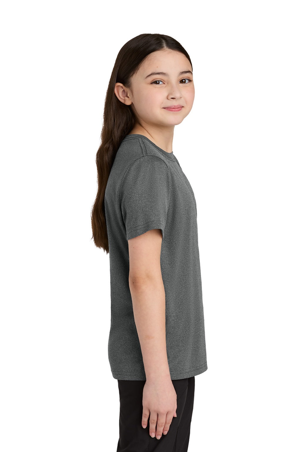 Port & Company PC390Y Youth Heather Performance Short Sleeve Crewneck T-Shirt Heather Metal Grey Model Side