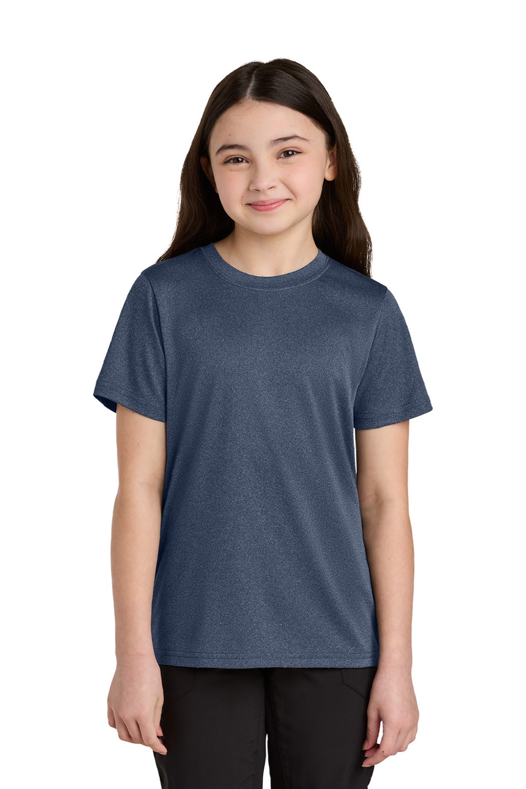 Port & Company PC390Y Youth Heather Performance Short Sleeve Crewneck T-Shirt Heather True Navy Blue Model Front