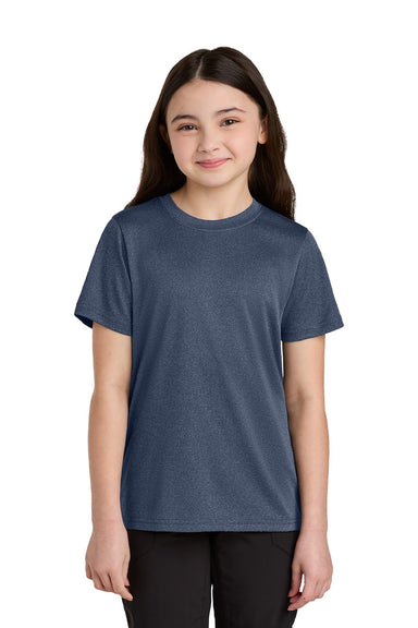 Port & Company PC390Y Youth Heather Performance Short Sleeve Crewneck T-Shirt Heather True Navy Blue Model Front