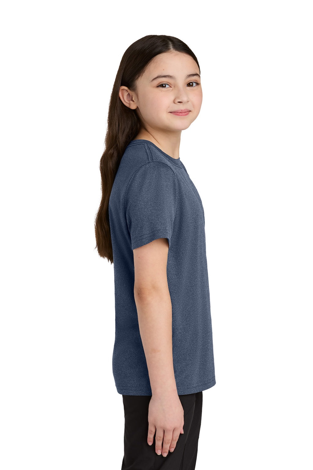 Port & Company PC390Y Youth Heather Performance Short Sleeve Crewneck T-Shirt Heather True Navy Blue Model Side