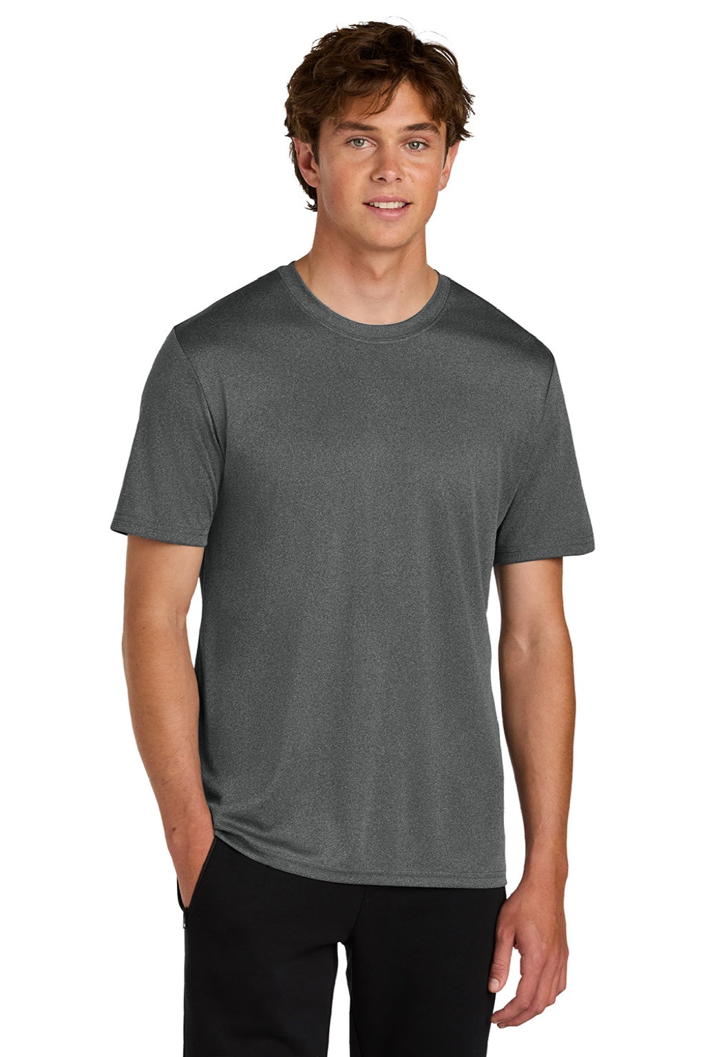 Port & Company PC390 Mens Heather Performance Short Sleeve Crewneck T-Shirt Heather Metal Grey Model Front