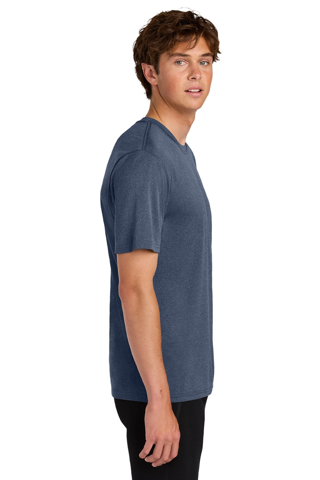 Port & Company PC390 Mens Heather Performance Short Sleeve Crewneck T-Shirt Heather True Navy Blue Model Side