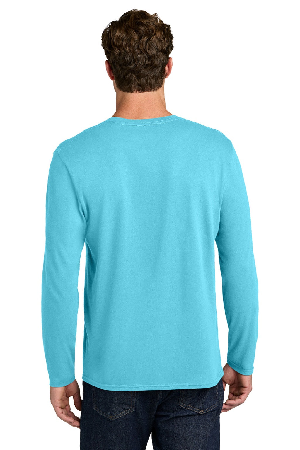Port & Company PC43LS Mens Easy Long Sleeve Crewneck T-Shirt Aquatic Blue Model Back