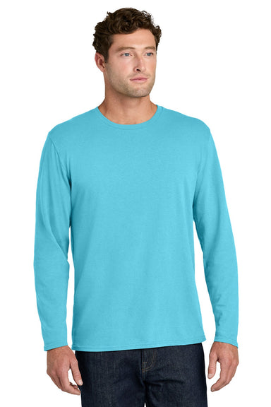 Port & Company PC43LS Mens Easy Long Sleeve Crewneck T-Shirt Aquatic Blue Model Front