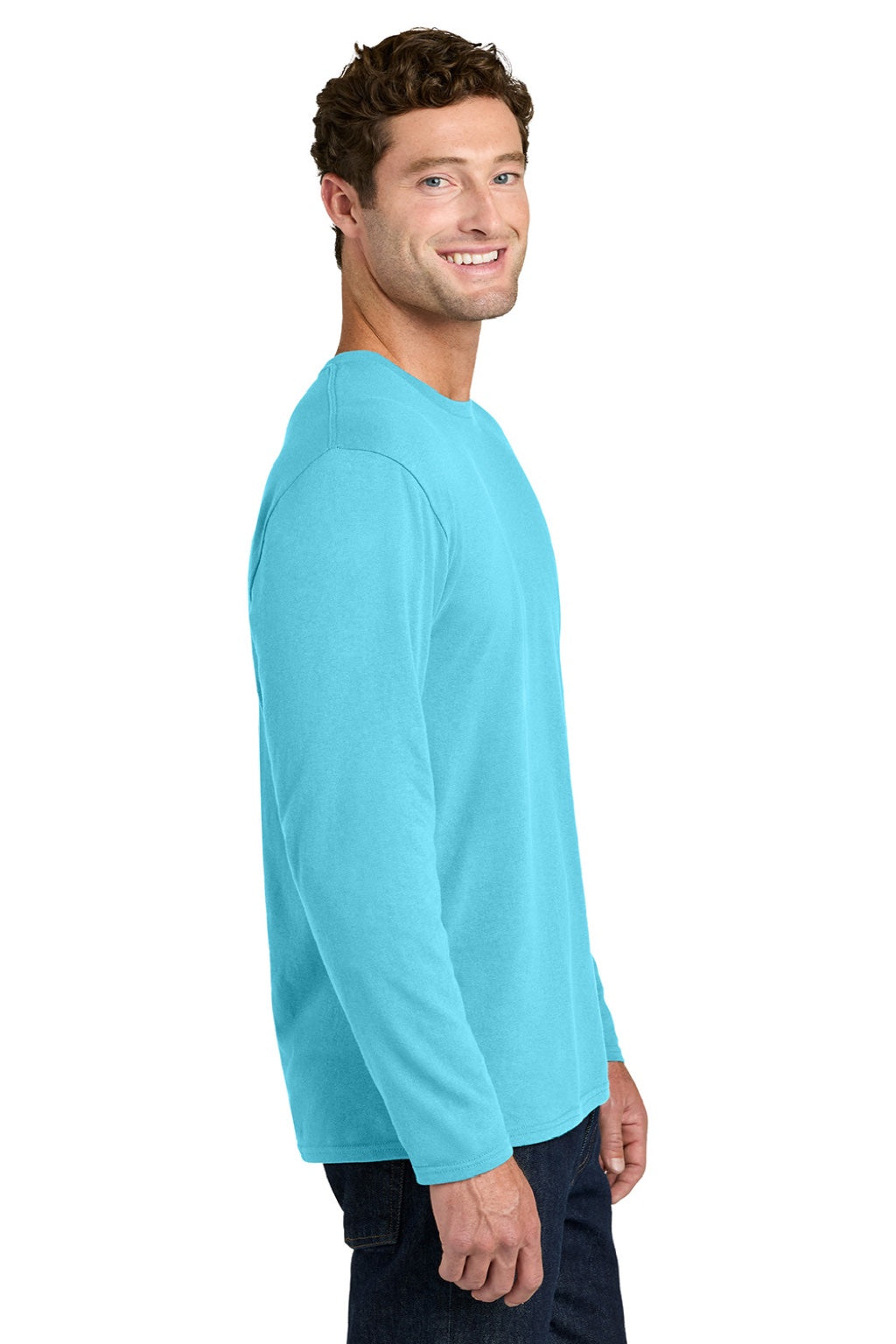 Port & Company PC43LS Mens Easy Long Sleeve Crewneck T-Shirt Aquatic Blue Model Side