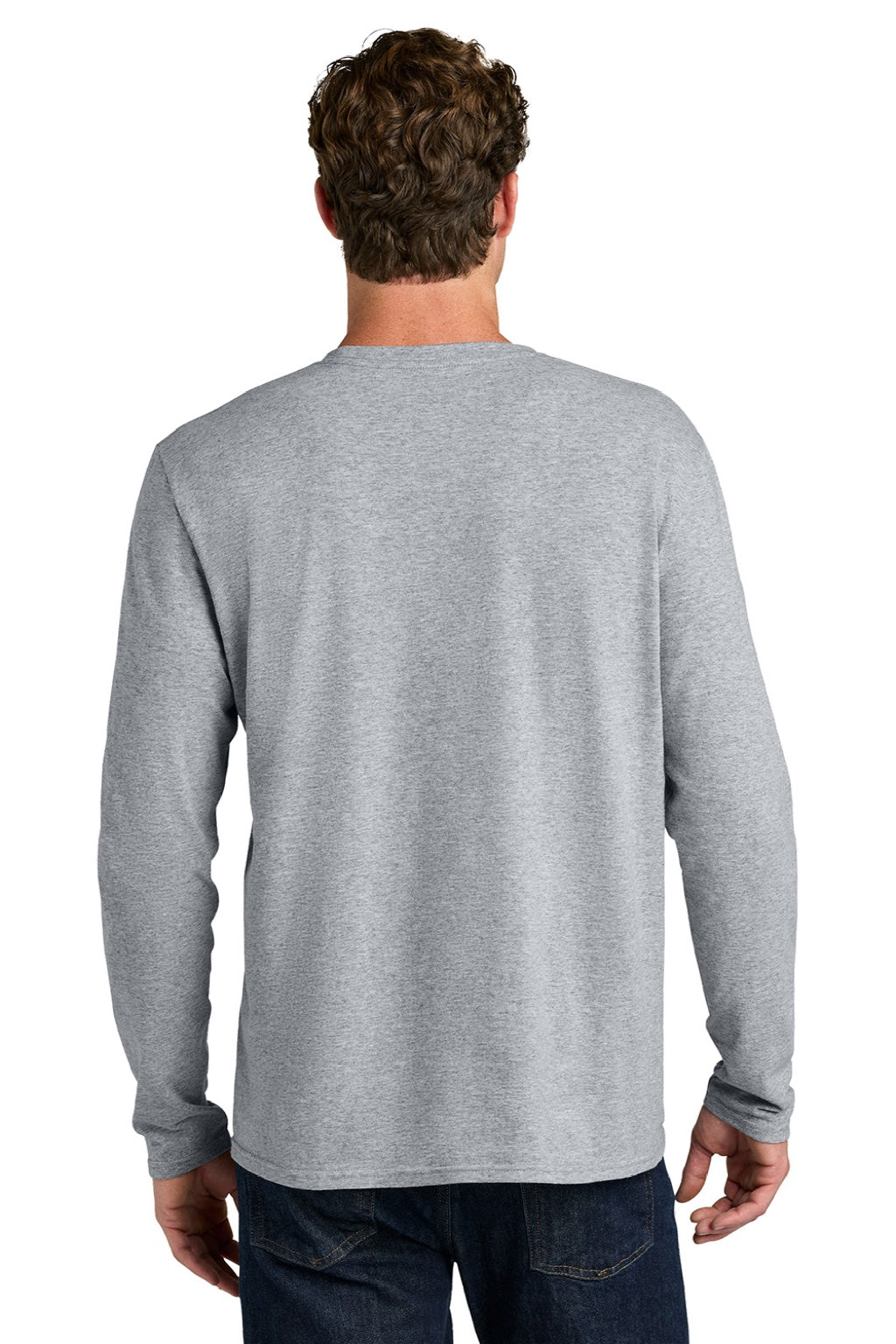 Port & Company PC43LS Mens Easy Long Sleeve Crewneck T-Shirt Heather Grey Model Back
