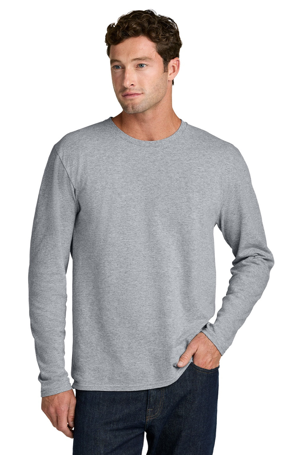 Port & Company PC43LS Mens Easy Long Sleeve Crewneck T-Shirt Heather Grey Model Front