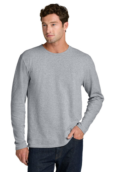Port & Company PC43LS Mens Easy Long Sleeve Crewneck T-Shirt Heather Grey Model Front