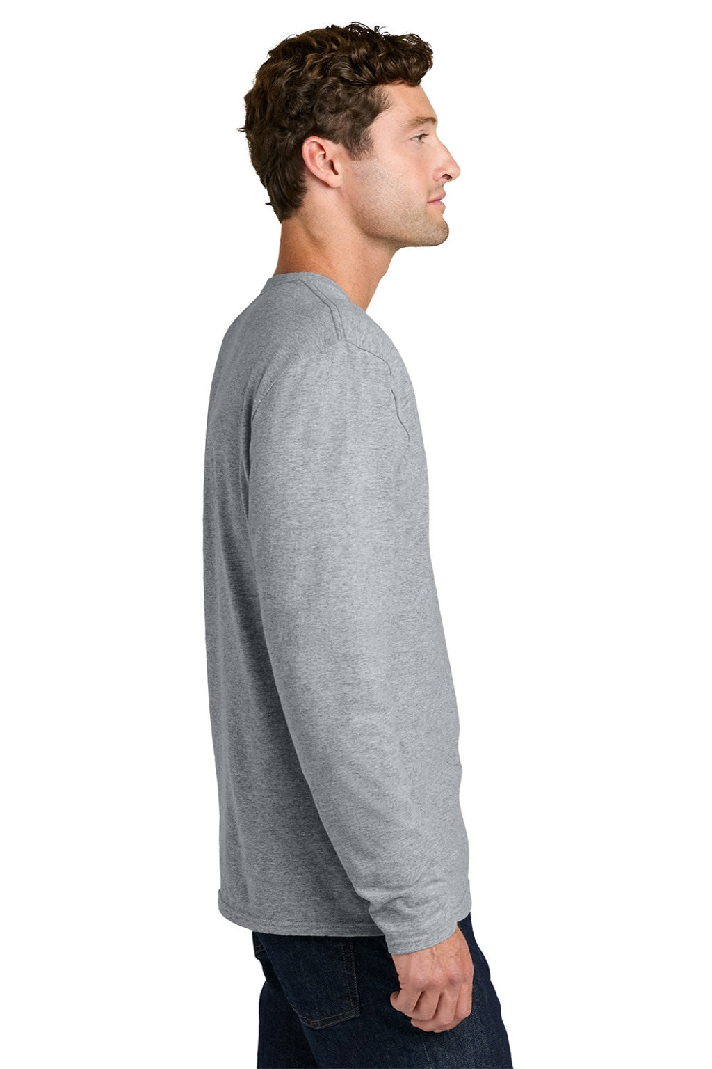 Port & Company PC43LS Mens Easy Long Sleeve Crewneck T-Shirt Heather Grey Model Side
