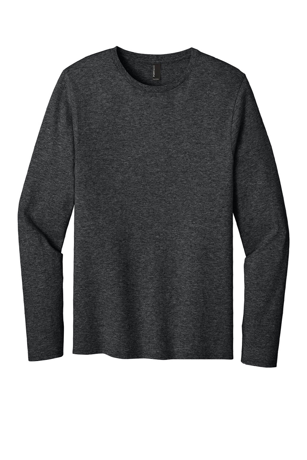 Port & Company PC43LS Mens Easy Long Sleeve Crewneck T-Shirt Heather Black Flat Front