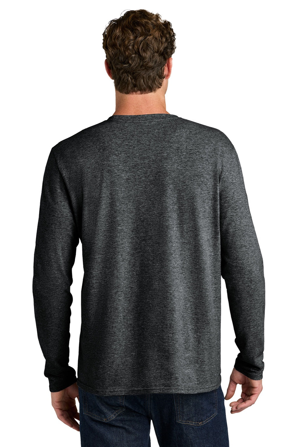 Port & Company PC43LS Mens Easy Long Sleeve Crewneck T-Shirt Heather Black Model Back