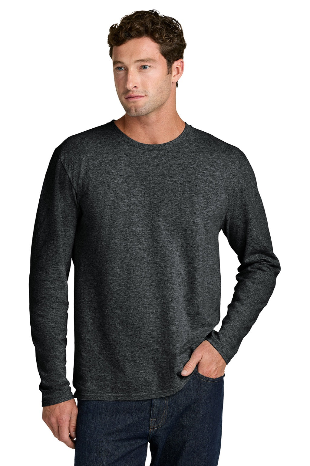 Port & Company PC43LS Mens Easy Long Sleeve Crewneck T-Shirt Heather Black Model Front