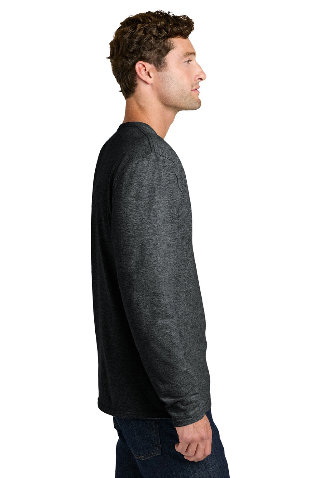 Port & Company PC43LS Mens Easy Long Sleeve Crewneck T-Shirt Heather Black Model Side