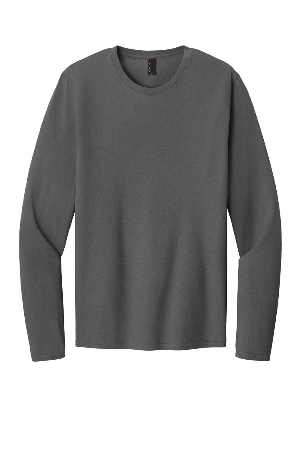 Port & Company PC43LS Mens Easy Long Sleeve Crewneck T-Shirt Charcoal Grey Flat Front