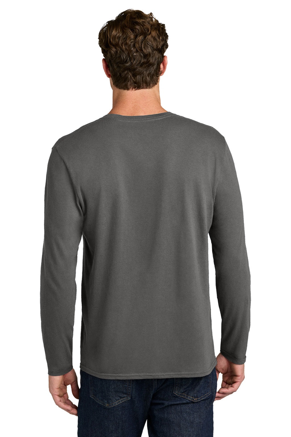 Port & Company PC43LS Mens Easy Long Sleeve Crewneck T-Shirt Charcoal Grey Model Back