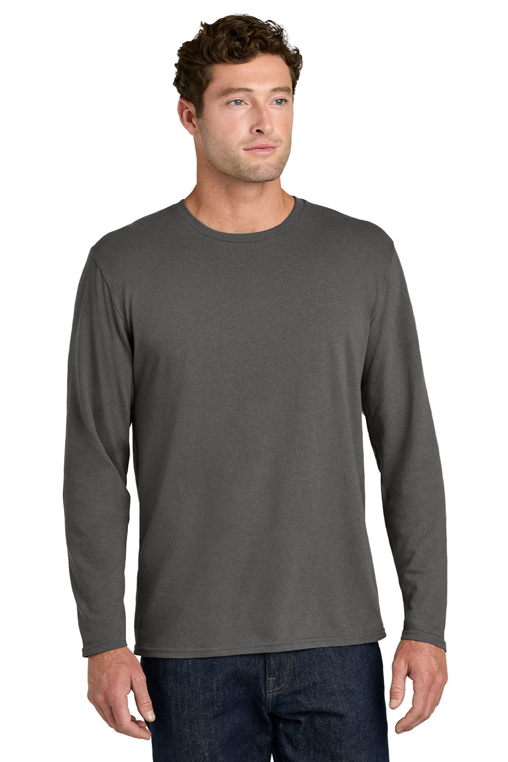 Port & Company PC43LS Mens Easy Long Sleeve Crewneck T-Shirt Charcoal Grey Model Front