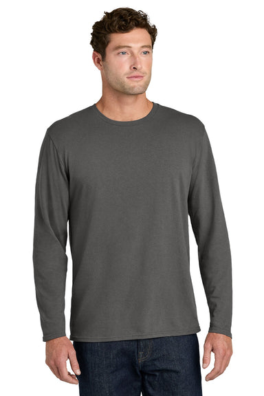 Port & Company PC43LS Mens Easy Long Sleeve Crewneck T-Shirt Charcoal Grey Model Front