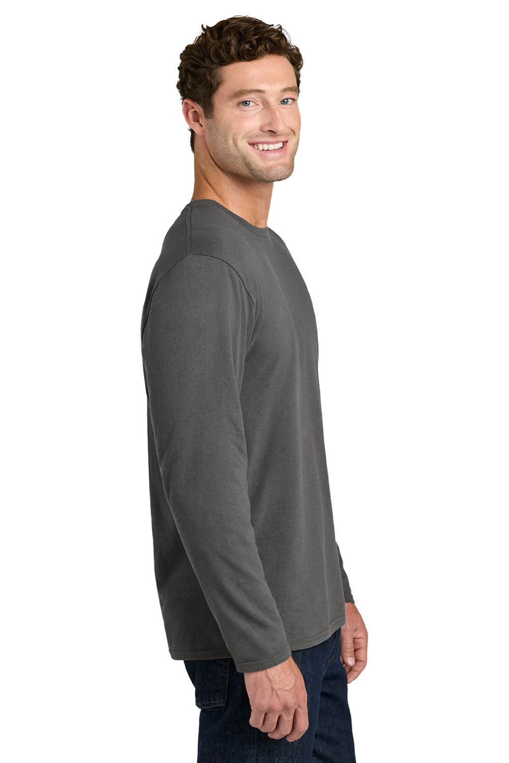 Port & Company PC43LS Mens Easy Long Sleeve Crewneck T-Shirt Charcoal Grey Model Side
