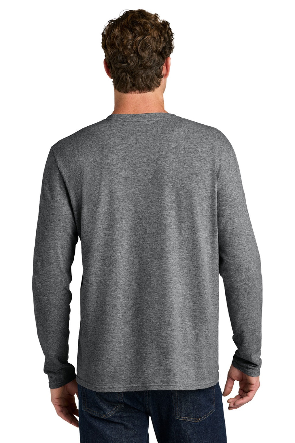 Port & Company PC43LS Mens Easy Long Sleeve Crewneck T-Shirt Heather Graphite Grey Model Back