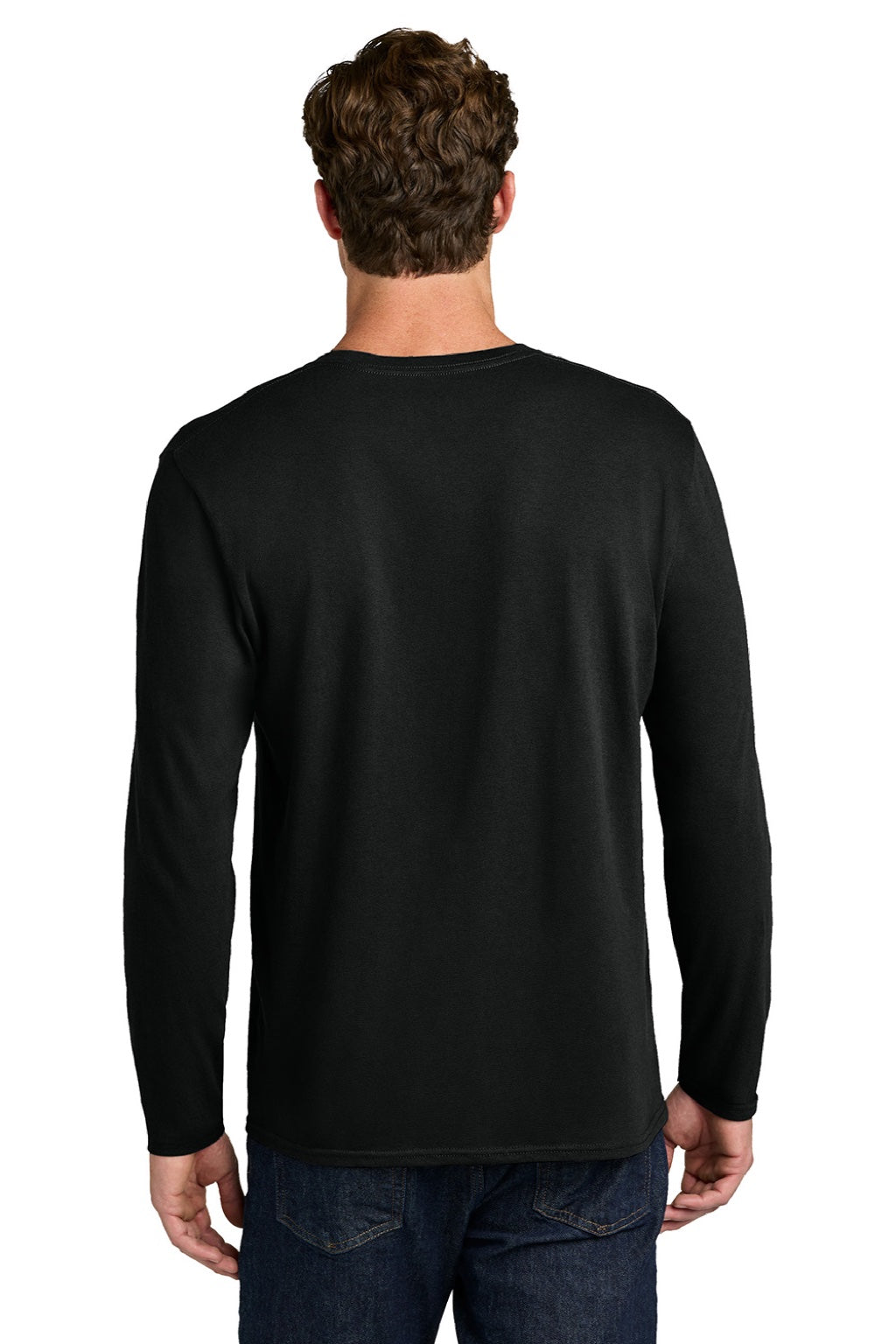Port & Company PC43LS Mens Easy Long Sleeve Crewneck T-Shirt Jet Black Model Back